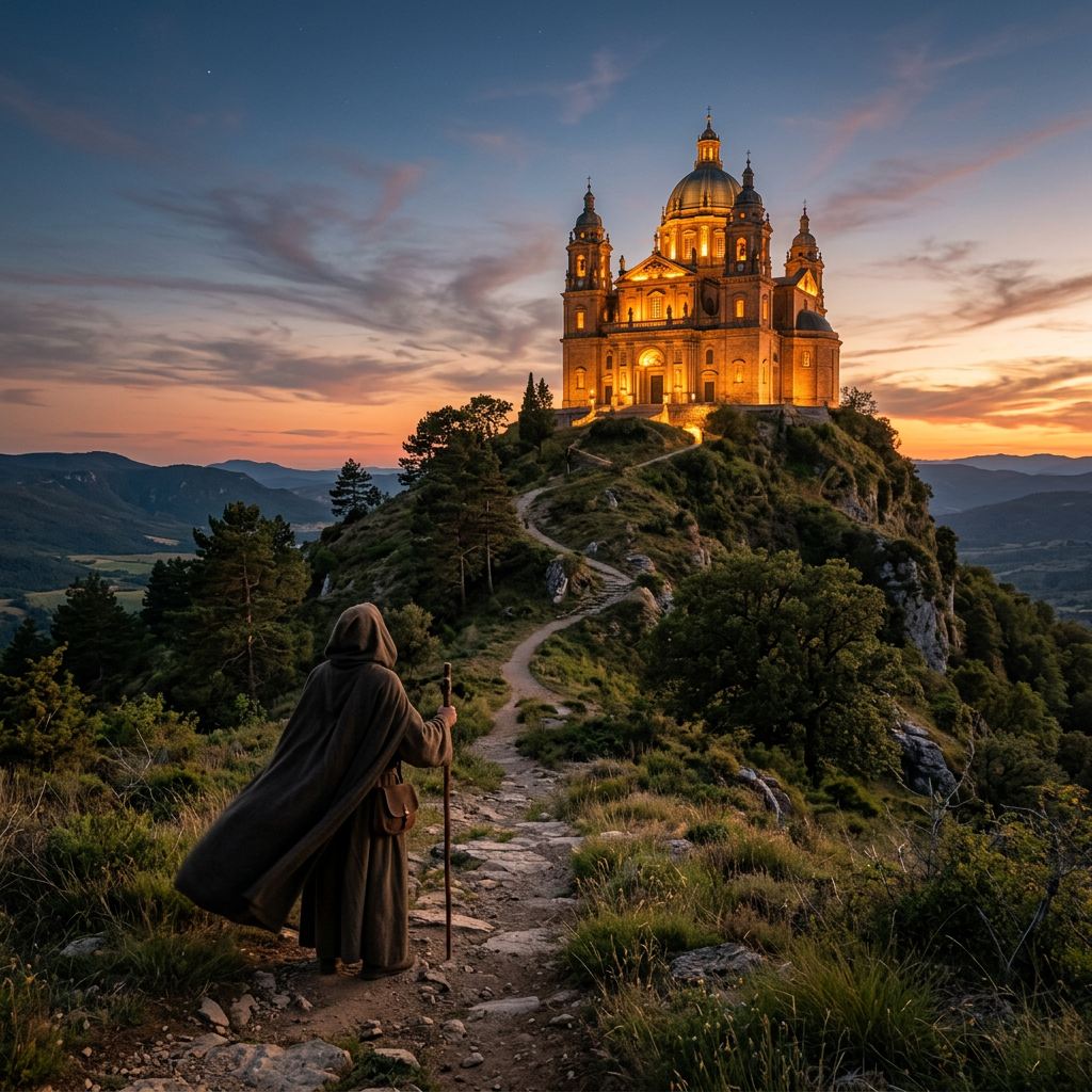 Cloaked pilgrim walking on a rocky path towards a brightly lit basilica on a hill at sunset