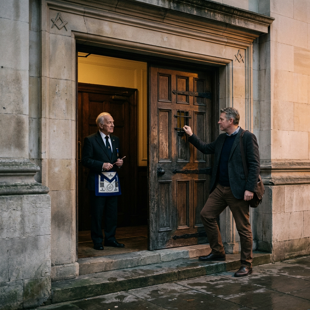 Man knocking on a Masonic lodge door with member standing inside