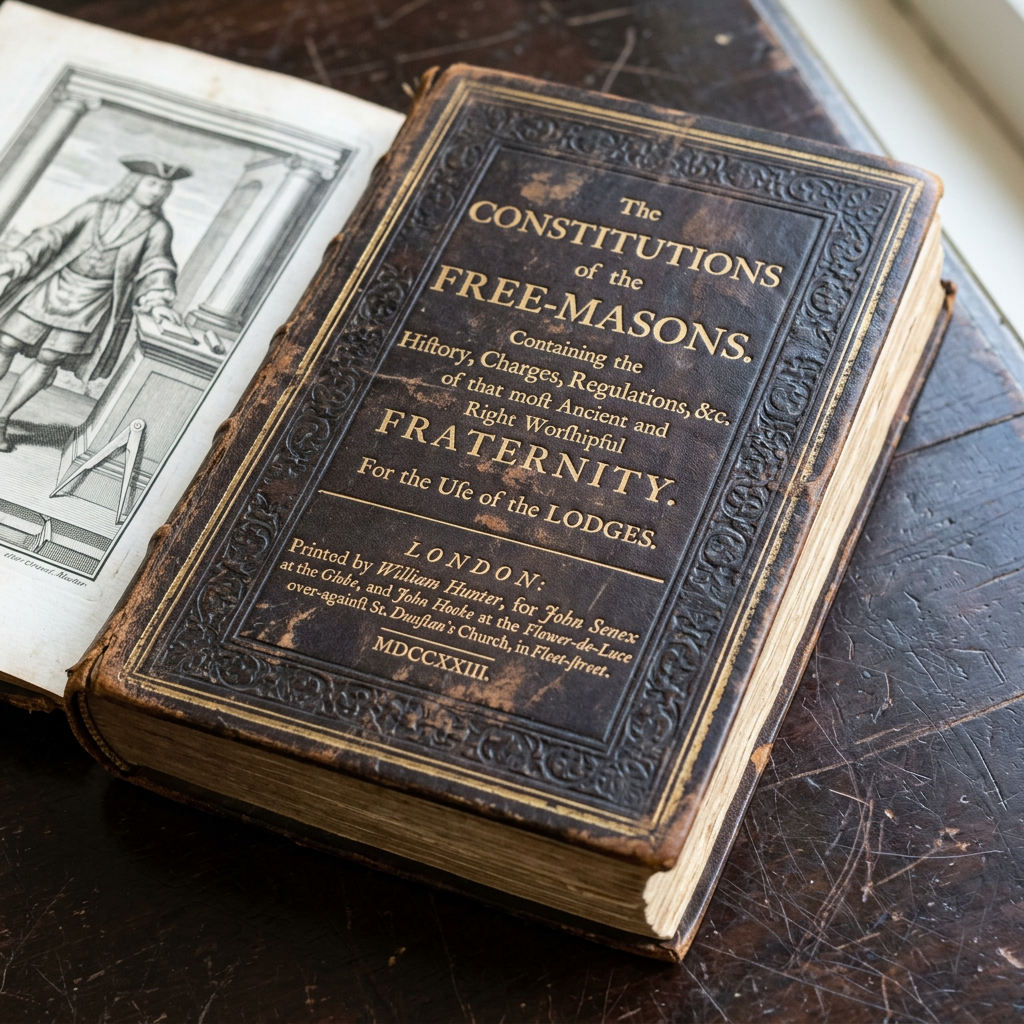 Cover of old book titled The Constitutions of the Free-Masons and an open page with an illustration of a man and architectural tools
