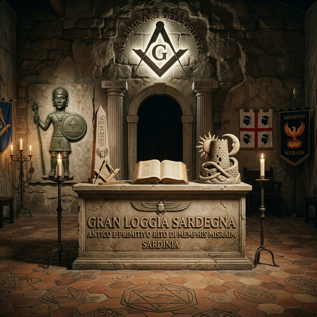 Masonic altar with symbols including pillars labeled JACHIN and BOAZ, an open book, statue, and banners