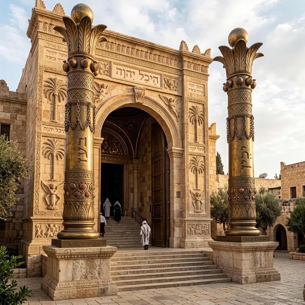 Large stone building entrance with detailed carvings and two tall decorative bronze columns with Hebrew inscriptions