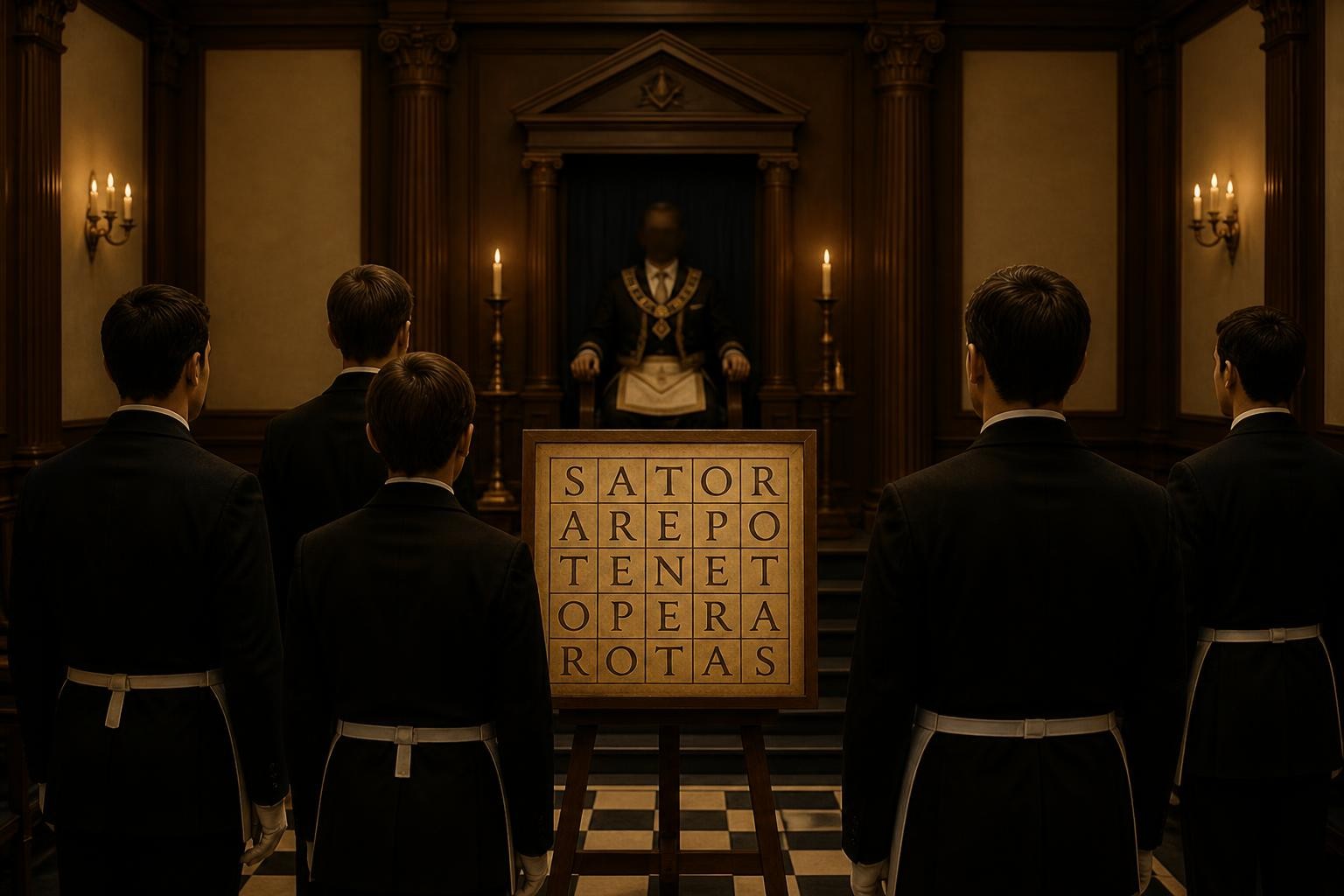 Sostituisci l’immagine mantenendo i contenuti testuali corretti del Quadrato del Sator, con le cinque righe esatte: SATOR / AREPO / TENET / OPERA / ROTAS. Ambientazione interna di una Loggia massonica storica ed elegante: il Maestro Venerabile è seduto sullo scranno all’Oriente, visto frontalmente ma senza dettagli facciali riconoscibili; davanti a lui, alcuni Fratelli all’Ordine di Apprendista sono in piedi e visti di spalle. Atmosfera solenne, simbolica e rispettosa, architettura classica, luce calda, legno scuro e dettagli discreti. Il Quadrato del Sator deve essere chiaramente leggibile su una tavola o lastra, perfettamente ortografato, senza altri testi casuali, senza loghi, senza simboli moderni, senza deformazioni.